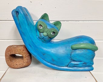 Vintage Carved Wooden Leaning Stretching CAT, Turquoise Blue Wood Cat With Vintage Doll Eyes, Eclectic Folk Art Decor by CastawaysHall