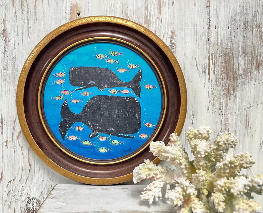 Original Folk Art Painting of Two Whales in a Round Vintage Frame - Etsy