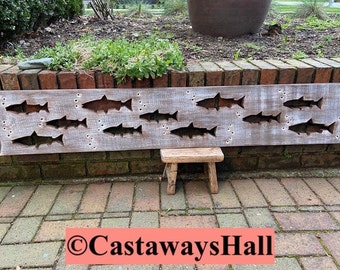 Wood School of Salmon Fish, Salmon Run Panel, Wood School of Fish, Wood Fish Art Sign Panel in Driftwood Colours Lake Decor by CastawaysHall