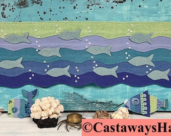 Wool School of Fish Textile Wall Art: Sea Glass Colouring Decor By CastawaysHall