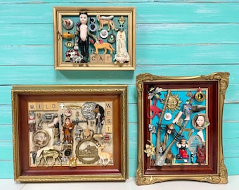 Vintage Framed Assemblage Art: Miniature People, Oddity Decor By CastawaysHall