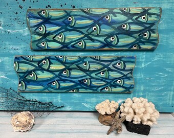 Two School of Fish Original Paintings by CastawaysHall, RUSH HOUR 2 Hand Painted Blue Fish Wall Art of Fish, Beach House, Coastal Home Gift