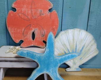 Wooden Starfish, Sand Dollar And Seashell Sign In Coral, Turquoise and White, Beach House Decor Wall Art by CastawaysHall