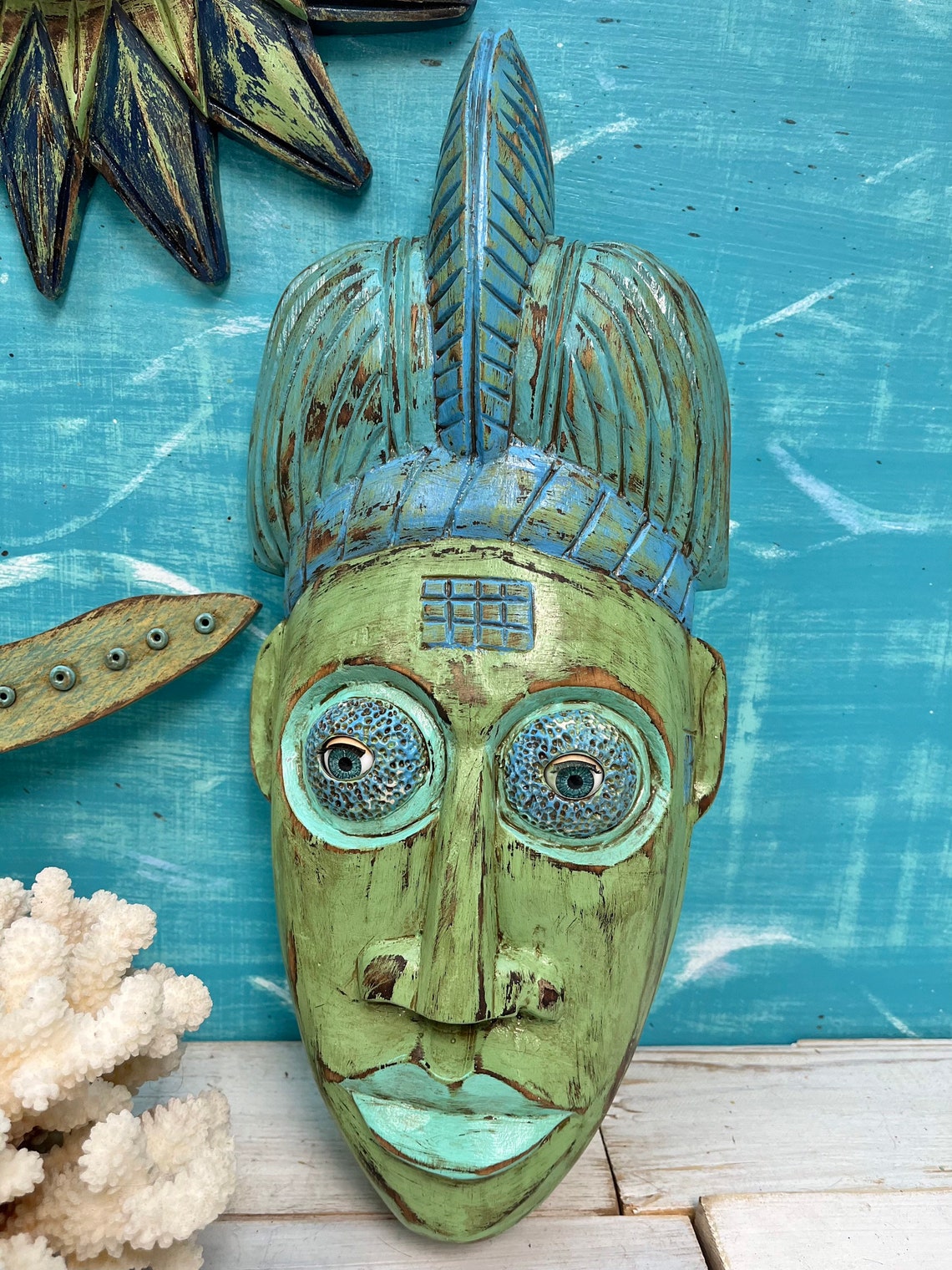 Green Wooden Face Mask Carved Wood Mask Upcycled Painted Etsy