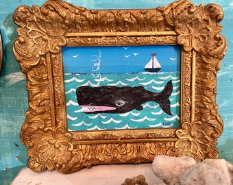 Original Primitive Art Painting of a Black Sperm Whale In Ornate Antique Gold Frame For The Beach House, Whale Lover Gift by CastawaysHall