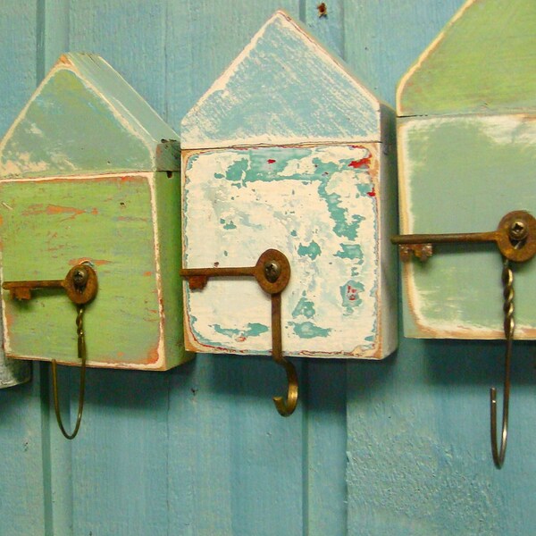 Turquoise Sea Beach Hut Key Holder -  Layered Paint Artwork