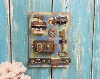 Assemblage Art Key Rack, Oddity Jewelry Hook Rack, Vintage Eyes and Hardware Assemblage Art, Curiosity Cabinet Oddity Decor by CastawaysHall