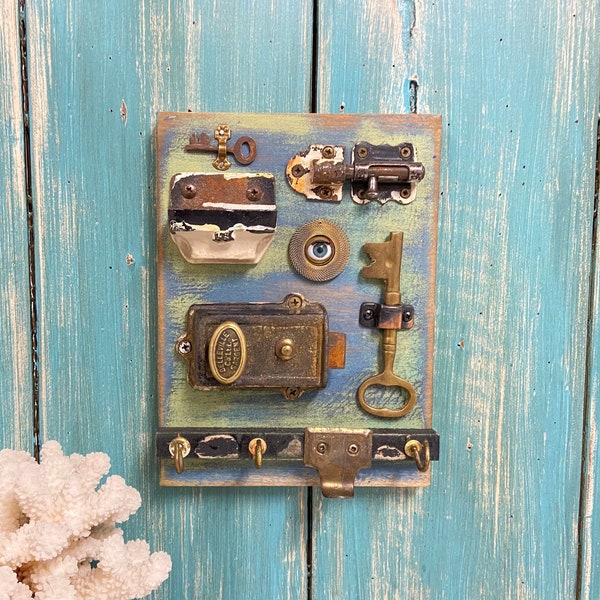 Assemblage Art Key Rack, Oddity Jewelry Hook Rack, Vintage Eyes and Hardware Assemblage Art, Curiosity Cabinet Oddity Decor by CastawaysHall