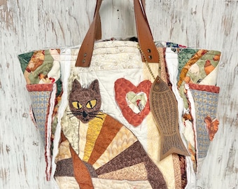 Large Quilted Bucket Tote For the Cat & Chicken Lover, Handmade Project Bag
