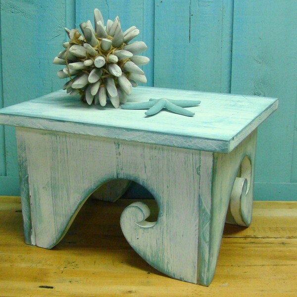 Waves Step Stool Footstool Bench Bright White Turquoise Ocean Beach House Decor by CastawaysHall