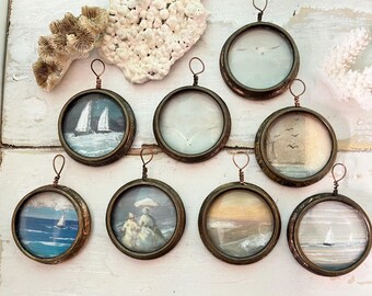 Mini Coastal Painting: Sailboats & Beach House in Porthole Frame By CastawaysHall