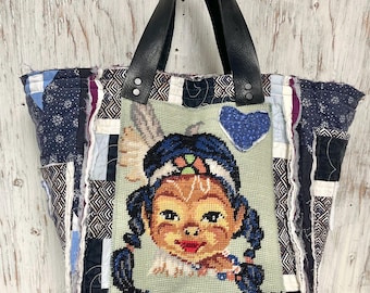 Large Quilted Bucket Tote With Vintage Needlepoint Of a Little Girl, Handmade Project Bag