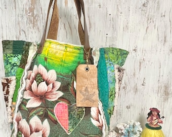 Quilted Tropical Barkcloth Bucket Tote With Flowers, Handmade Project Bag