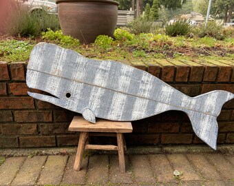 Handmade Striped Wood Whale Wall Art: Beach House Decor By CastawaysHall