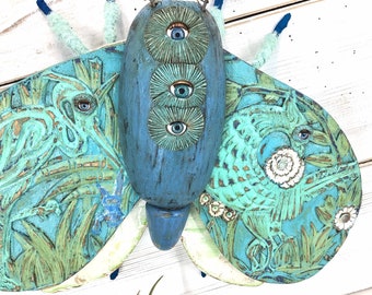 Wooden Moth Doll Sculpture: Oddity Art with Vintage Doll Eyes By CastawaysHall