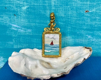 Mini Original Sailboat Painting In Gold Angel Frame, My Little Red Boat Seascape Painting, Beach Gift For Her, Gift For Him at CastawaysHall