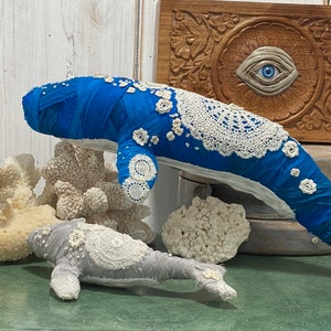 Silk & Lace Whale Soft Sculpture: Coastal Home Decor Art By CastawaysHall