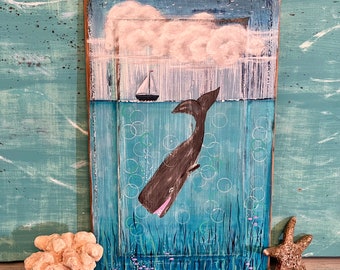 Original Primitive Folk Art Painting of a Diving Whale by CastawaysHall, School of Fish Wall Art On Antique Door Panel For The Beach House