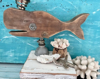 Rustic Wood Whale Sculpture: Beach House Assemblage Art By CastawaysHall