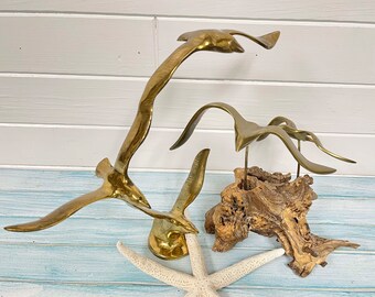 Vintage Brass Seagull Sculptures, Set of Two Mid Century Modern Flying Birds On Driftwood, Beach House Living Room Decor by CastawaysHall