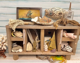 Rustic Wooden Shrine Shelf For Curiosities and Oddities, Recycled Wood Niche For Curios & Knick Knacks With Fish Motif at CastawaysHall