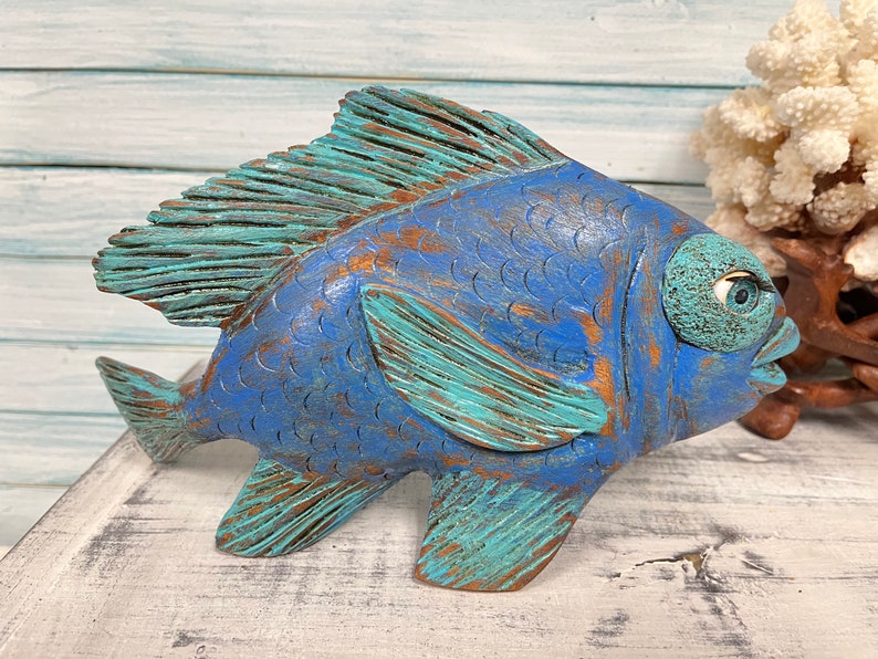 Vintage Carved Wooden Fish Sculpture Carved Turquoise Etsy