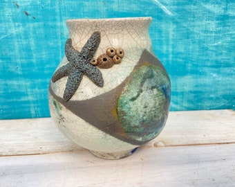 Vintage Studio Pottery Raku Vase With Starfish, Crackled Hand Thrown Tanuki Vessel, Contemporary Natural Beach House Decor at CastawaysHall