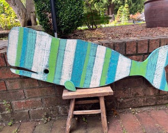 Turquoise Striped Wood Whale Wall Art: Beach House Decor By CastawaysHall