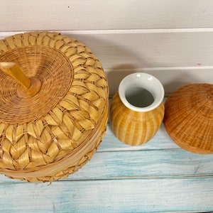 Vintage Woven Bamboo Baskets: Apple Basket with Lid, Onion Basket, Porcelain Vase At CastawaysHall image 6