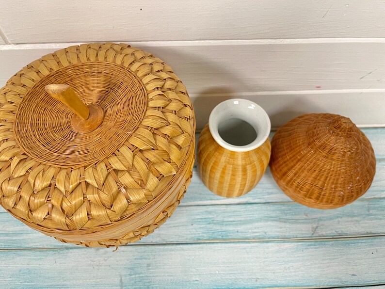 Vintage Woven Bamboo Baskets: Apple Basket with Lid, Onion Basket, Porcelain Vase At CastawaysHall image 6
