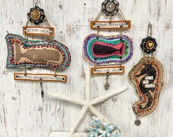 Handcrafted Coastal Textile Wall Hanging Token, Whale or Seahorse By CastawaysHall