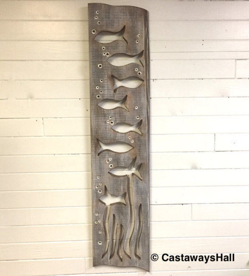 Wood School of Fish Art Panel Sign Wall Decor Vertical Etsy