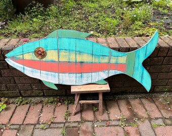 Large Wooden Fish Wall Art, Painted Fish Art, Weathered Wood Beach House Wall Decor in Vibrant Tropical Colours by CastawaysHall