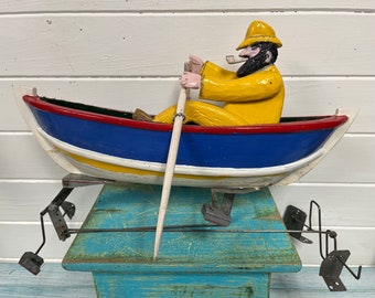 Vintage Automaton of A Carved Man In A Rowboat Project, Primitive Nautical Folk Art, Coastal Beach House Decor at CastawaysHall