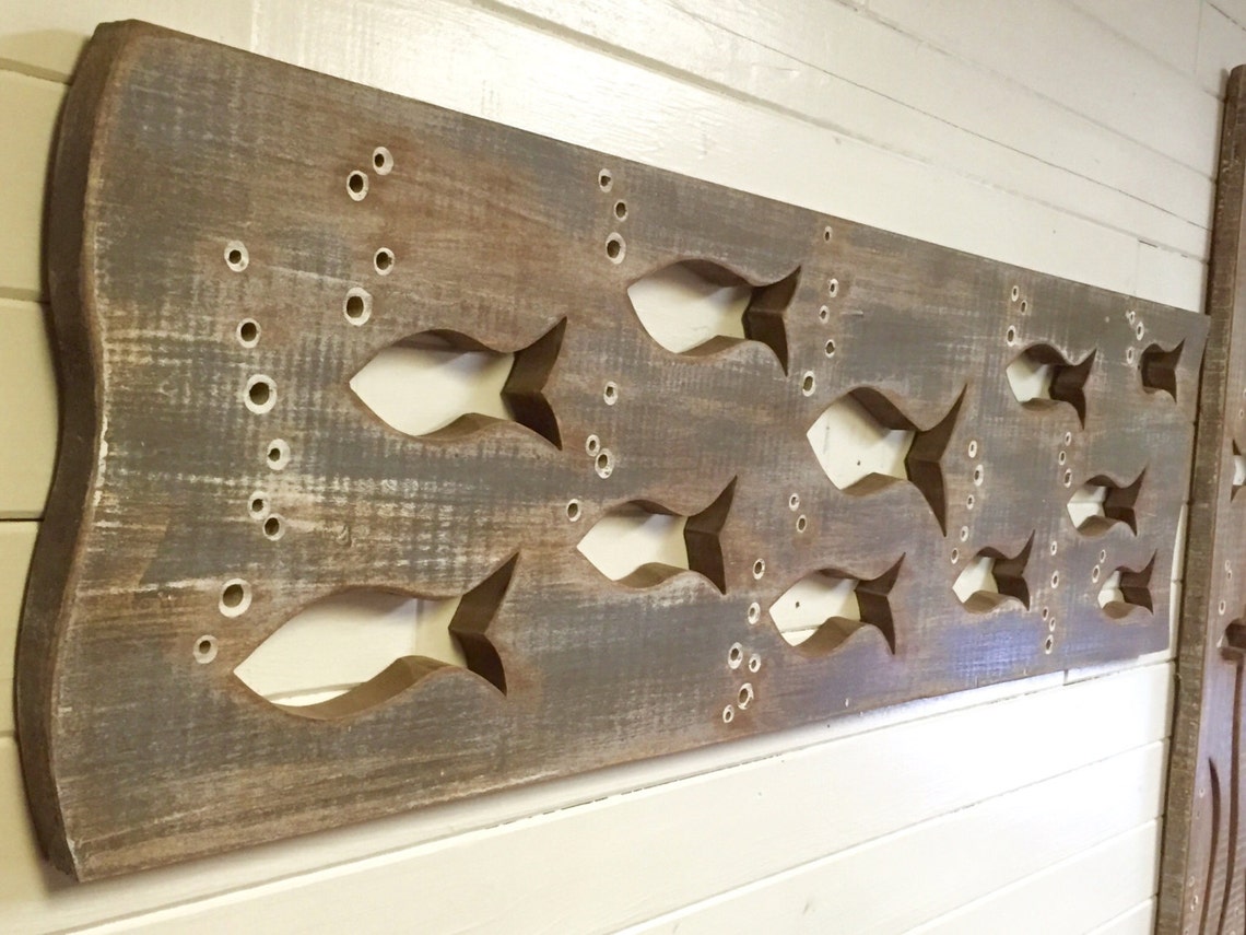 School of Fish Wood Art Sign Panel Vertical Large Driftwood Etsy