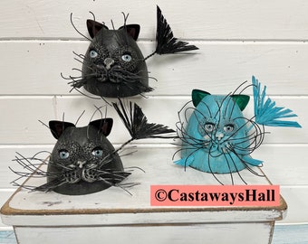 Wooden Cat Sculpture, Cute Cat Lovers Gift, Wood Net Float Catfish, Adorable Painted Kitten Art, Coastal Feline Folk Art at CastawaysHall