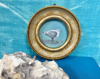 Original Seagull Painting by CastawaysHall, Small Shore Bird at the Beach on Canvas in Round Italian Gold Frame, Beach House Friend Gift