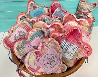 Pink Peg Hanger Hearts In Vintage Plaid and Wool Fabric, Coastal Farmhouse Decor