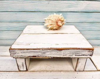 Weathered White Rustic Table Riser, Country Farmhouse Step Stool, Chippy Distressed Foot Stool, Beach House Bench Decor at CastawaysHall