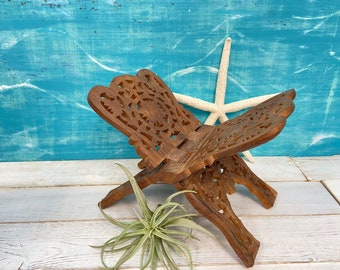 Vintage Wood Folding Bookstand, Fold Up Book Holder With Carved Flowers and Leaves In A Boho Style at CastawaysHall
