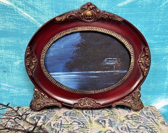 Vintage Small Oval Original Seascape Painting, Cabin in Moonlight Lake House Moody Oil Painting in Vintage Frame, Coastal Art CastawaysHall