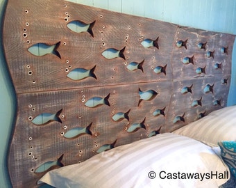 CastawaysHall Wood School of Fish Headboard In Queen Size, Wooden Fish Wall Art In Driftwood Colours For The Beach or Lake House