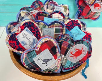 Peg Hanger Hearts In Vintage Plaid and Wool Fabric, Coastal Farmhouse Decor