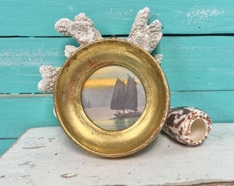 Mini Sailboat Watercolour Painting in Gold Italian Frame, For The Beach House