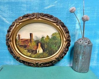 Small Original Cottage Oil Painting Of A Secret House in the Woods, Vintage Painting in Oval Gold Frame at CastawaysHall, Gift For Her