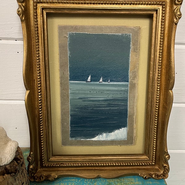 Vintage Small Original Moody Sailboat Painting, Home Before The Storm, Three Sailboats Painting in Gold Frame, Beach House Art CastawaysHall