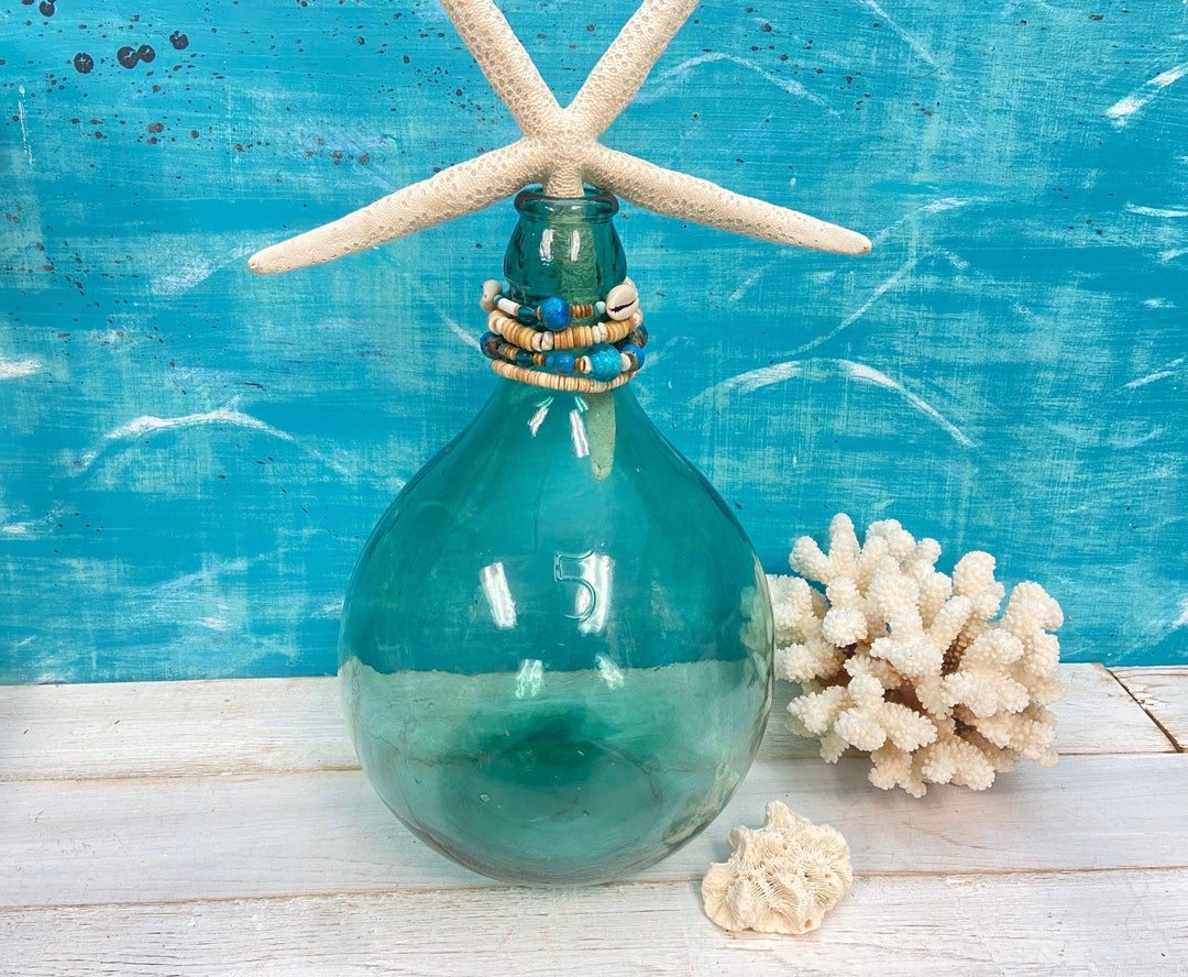 Vintage Blown Glass Demijohn With Shell Bottle Necklace, Blue Demijohn, Wine Bottle Carboy