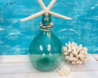 Vintage Blue Blown Glass Demijohn with Shell Necklace: Beach House Decor At CastawaysHall