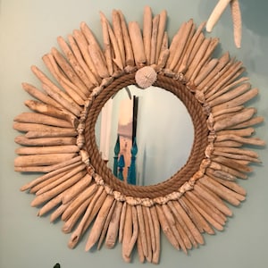 Round Driftwood Mirror, Sea Shell Mirror, Driftwood Wall Decor With Coral, Beach House Decor, Coastal Wall Art by CastawaysHall