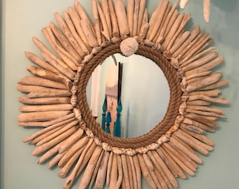 Round Driftwood Mirror, Sea Shell Mirror, Driftwood Wall Decor With Coral, Beach House Decor, Coastal Wall Art by CastawaysHall